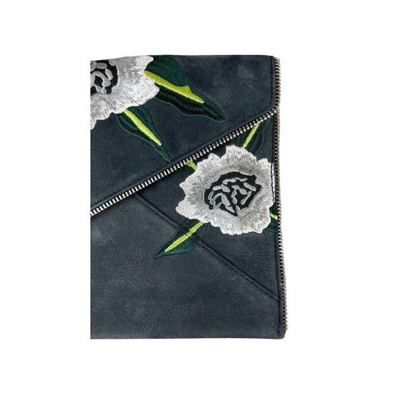 Rebecca Minkoff Embroidered Flowers Leo Nubuck Leather Envelope Clutch Zipper - Picture 9 of 10